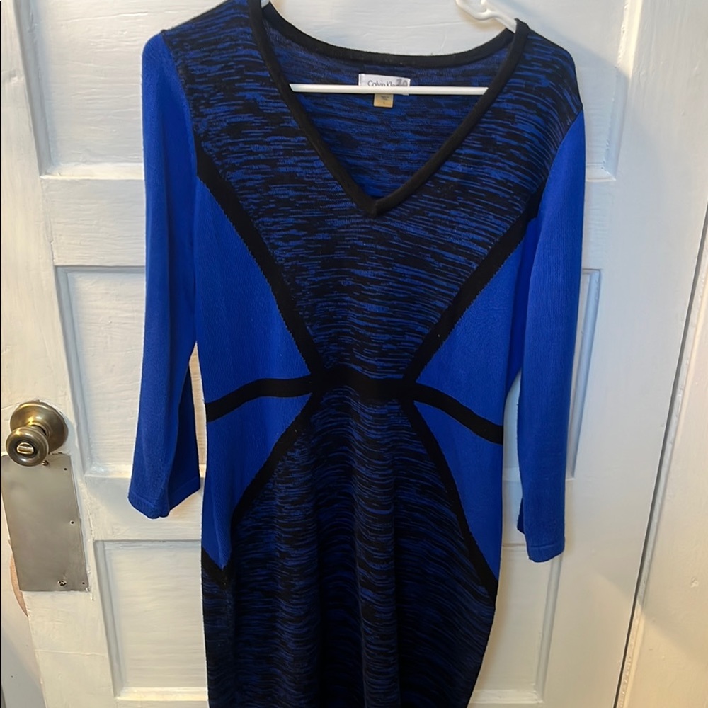 Calvin Klein Blue and Black Ruched Sheath Dress
